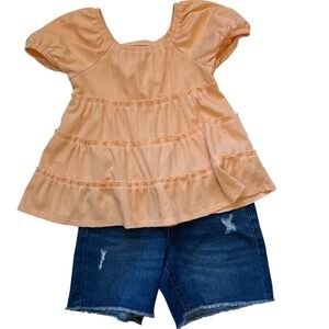 Wonder Nation Girls Size M 7-8 Peach Top & Distressed Denim Shorts Outfit Set